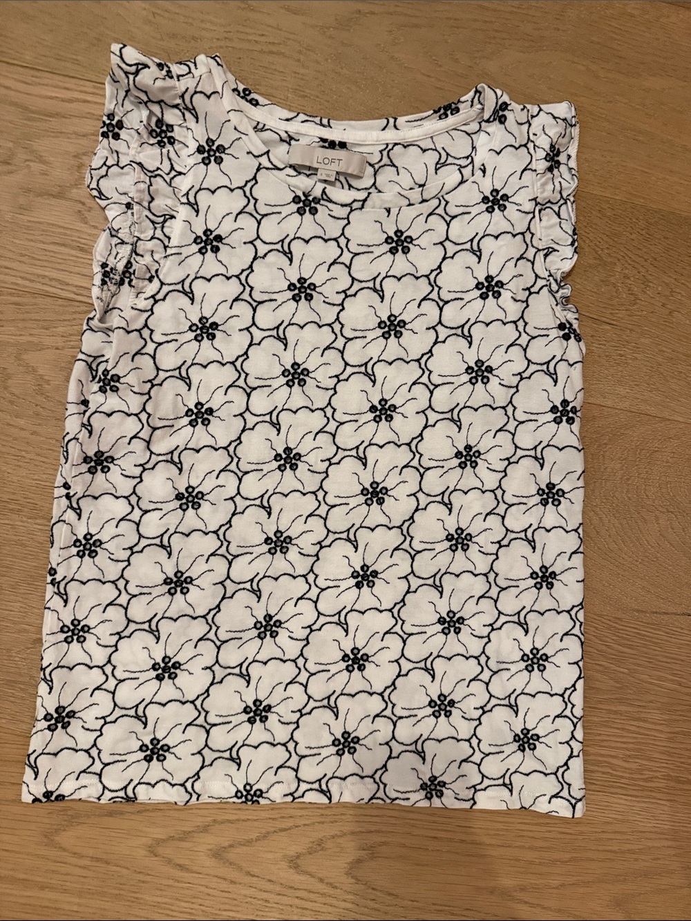 LOFT White with Black Floral Embroidered Sleeveless Women’s Top size s